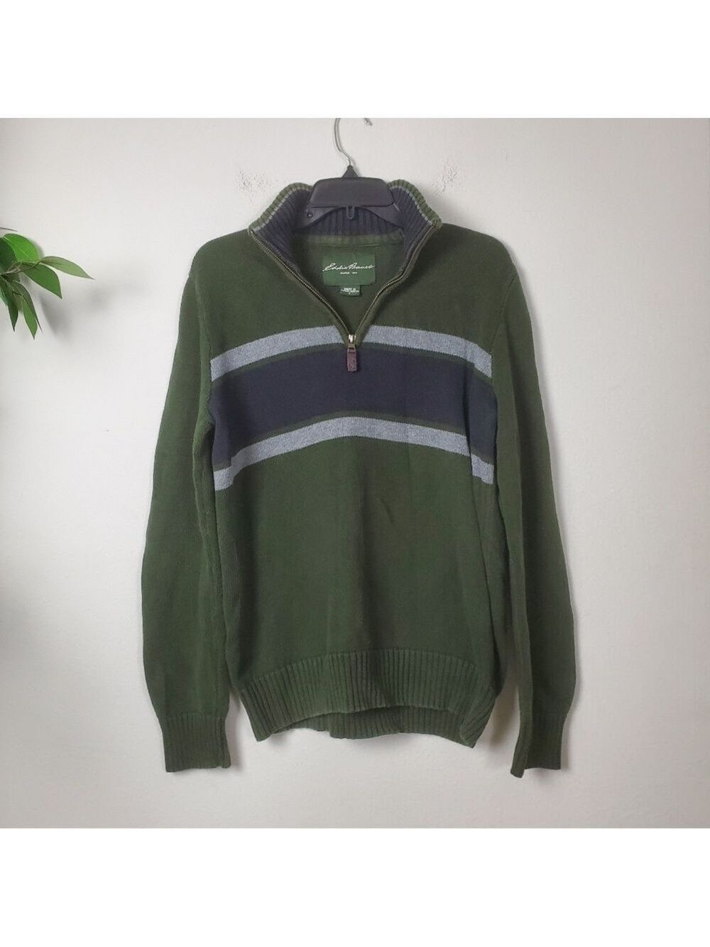 Eddie Bauer Mens Olive Charcoal 1/4 Zip Sweater Small